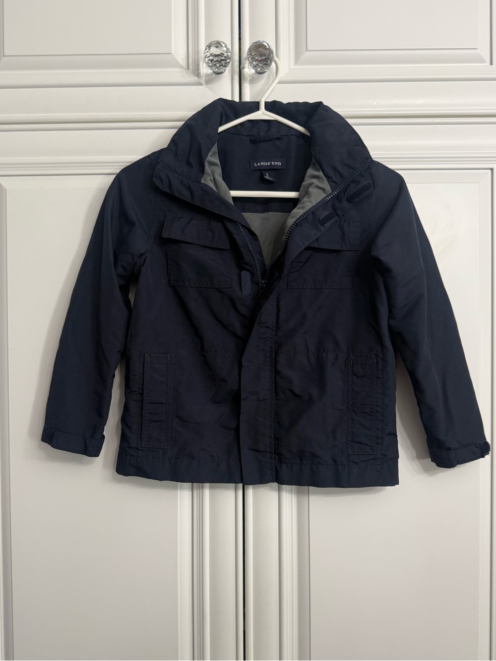 Lands' End Kids Size Large (7) Navy Hooded/Lined Rain Jacket Coat Lightweight